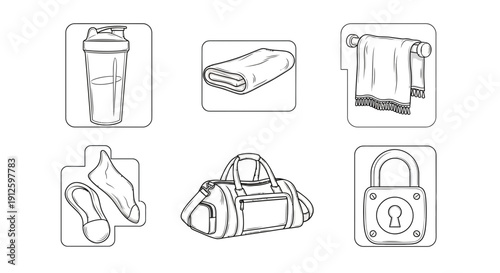 Gym Essentials: Shaker, Towel, Lock, Bag, Shoes - Fitness Icon Set