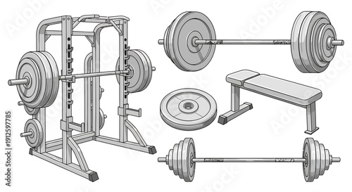 Gym Equipment Set: Squat Rack, Barbells, Weight Plates, and Bench