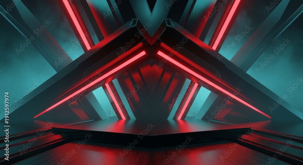 Obraz premium Futuristic Dark Hallway With Red Neon Lights and Teal Accents