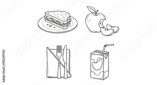 Hand-drawn lunch icons: sandwich, apple, cutlery, juice box