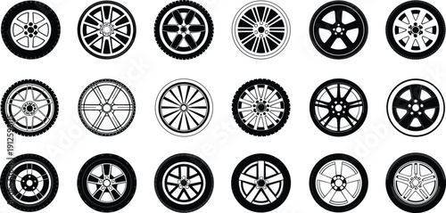 Set of detailed car wheel rims and tire silhouettes isolated on white background, collection of alloy wheels for automotive design, tuning, branding, and transport concepts