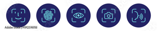 biometric scan icon set with face recognition, fingerprint, eye, camera and voice authentication symbols. Security, detection, body analysis symbols. vector illustration on transparent background.