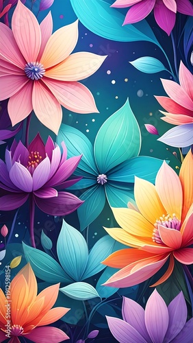 A vibrant floral pattern with multicolored flowers and leaves