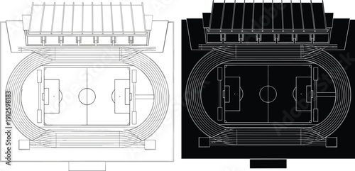 Stadium top view architectural blueprint, sports arena floor plan vector, running track and field layout, technical drawing illustration set