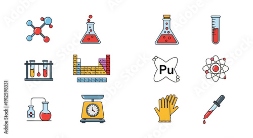 Chemistry and laboratory icons set featuring molecule, Erlenmeyer flask, test tube, periodic table, atom model, scale, and gloves on a white background.