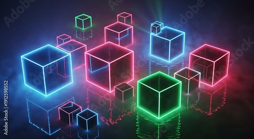 Collection of glowing neon outlined cubes in vibrant blue pink and green colors floating above a reflective dark surface in a digital space on transparent background