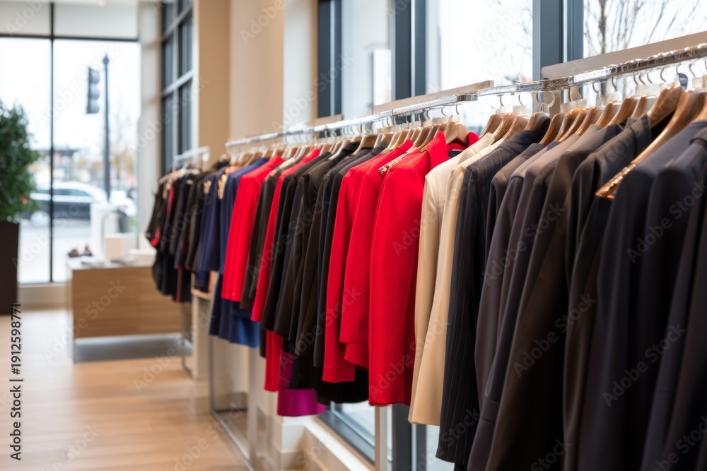 Fototapeta premium Elegant Interior of Designer Store Showcasing Tailored Suits and Dresses