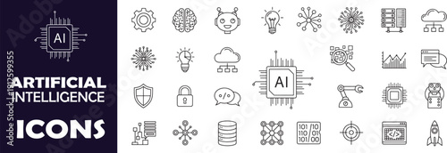 Artificial Intelligence and Machine Learning Thin Line Icon Set - Future Technology, Neural Networks, and Data Science Vector Symbols - stock vector.
