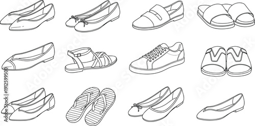 Women, shoes, set, flats, sandals, sneakers, slippers, footwear, fashion, collection, vector, illustration, casual, design, isolated, outline, style, apparel, icon, pack