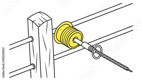 A detailed vector illustration of a wire rope pulley system attached to a wooden post