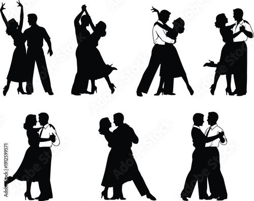 Ballroom Dancing Silhouette Set Featuring Couples Performing Waltz Tango And Swing Dance Poses For Romantic Artistic Urban Performance Isolated On White (21 words)