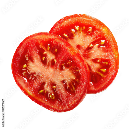 Wallpaper Mural Two fresh, vibrant red tomato slices with visible seeds and juicy pulp on a dark background Torontodigital.ca