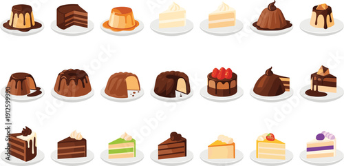 Dessert Cake and Pudding Illustration Set with Chocolate, Vanilla, Caramel, and Creamy Sweet Treats for Bakery and Menu Design