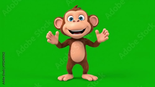 A cheerful cartoon monkey stands against a green background in this fun video.
