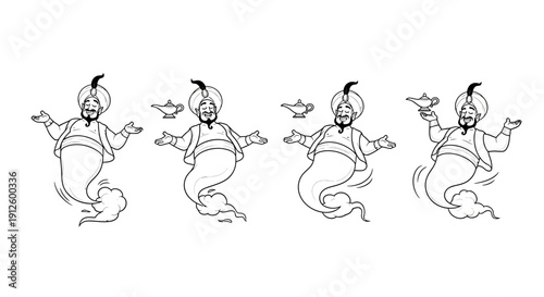Genie Characters with Magic Lamp Illustration