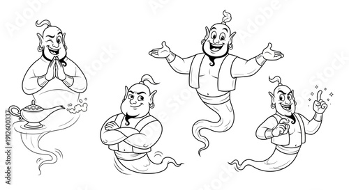Genie Collection: Four Magical Characters Emerging from Lamps and Smoke