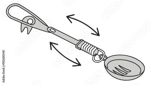 A vector graphic illustration of a mechanical kitchen utensil with a spoon and fork attachment