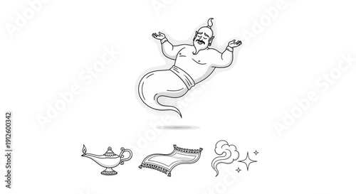 Genie emerging from lamp with magic carpet and smoke, fantasy illustration