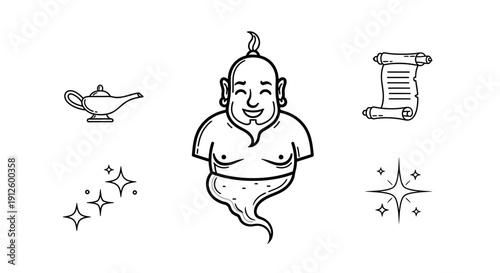 Genie Emerging from Lamp with Magic Scroll and Sparkles