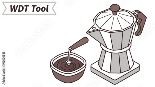 A vector graphic illustration of a WDT tool and coffee brewing equipment