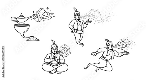 Genie Emerging from Lamp, Magic, Fantasy, Arabian Nights Characters, Vintage Illustration