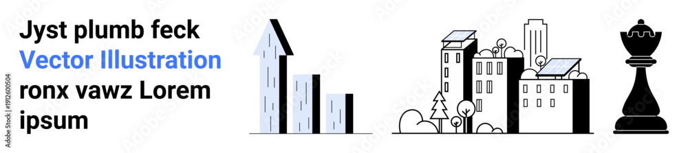 Obraz premium Urban planning, renewable energy, strategic thinking, architecture, sustainability, innovation. Black and white buildings with solar panels and a chess piece. Urban planning and renewable energy