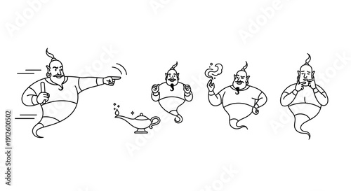 Genie From Magic Lamp Cartoon Set: Flying, Thinking, Wishing, and Emerging