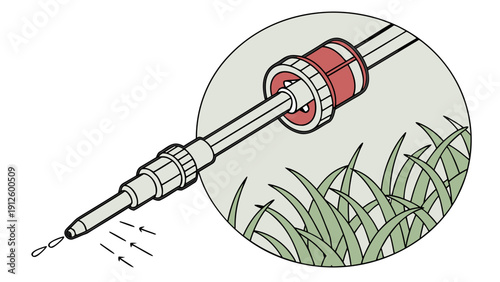 A vector graphic illustration of a sprinkler watering system with a red and silver nozzle spraying water on green grass