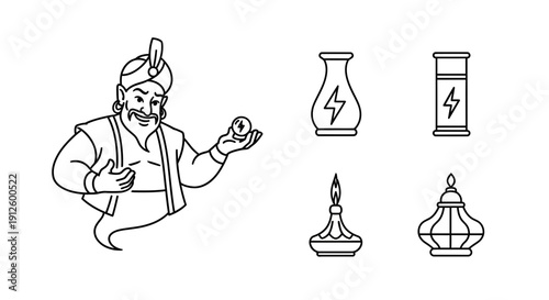 Genie Icon Set: Magic Lamp, Aladdin, Mystical Objects