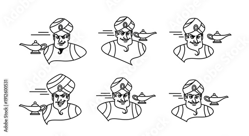 Genie Icon Set: Magical Lamp, Mystical Character Variations