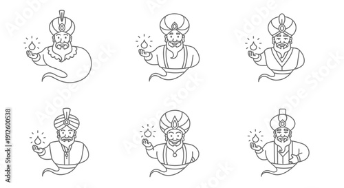 Genie Icon Set: Magical Spirit Characters in Outline Style