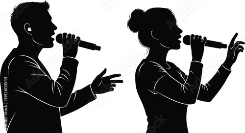 Silhouette of Male and Female Singers Performing with Microphones, Vocalists Singing in Profile, Musical Duo Illustration Isolated on White Background