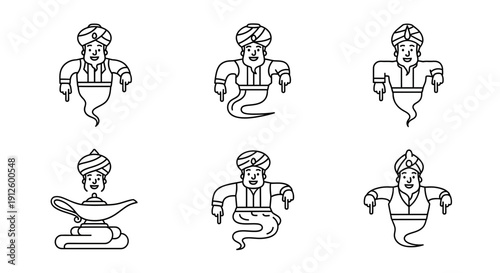 Genie Icons Set: Magic Lamp, Djinni Characters, Fantasy Creatures, Mystical Beings