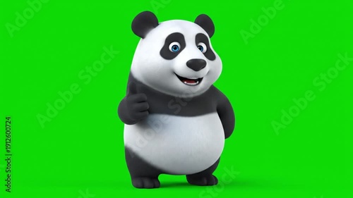 A cheerful cartoon panda bear standing on a green screen background in a video