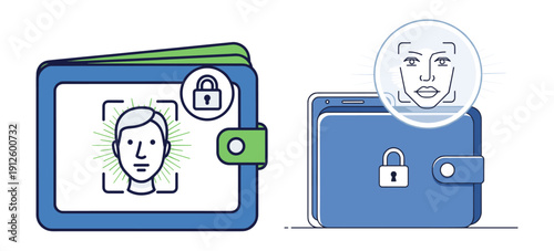Illustrative vector graphic depicting digital wallet security through facial recognition technology and biometric authentication.