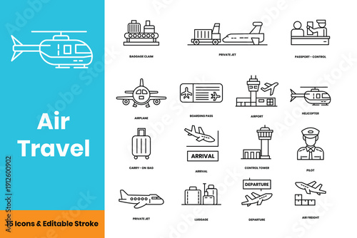 Air travel line icon set featuring airplane, airport services, departure, arrival, boarding pass, passport control, baggage claim, luggage, pilot, control tower, air freight, private jet, helicopter.