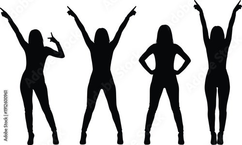 Silhouettes of woman in success poses, girl celebrating with arms raised, triumphant female figures, winning gesture set for motivation designs