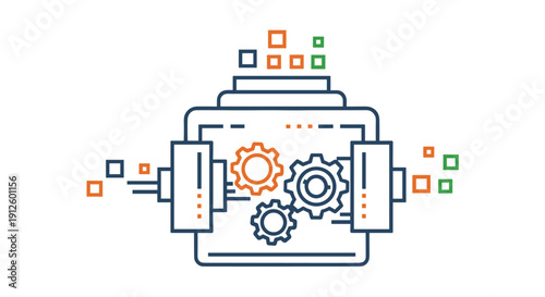 Abstract illustration of a machine with gears and digital elements, symbolizing data processing, automation, and technological innovation in a clean, modern style.