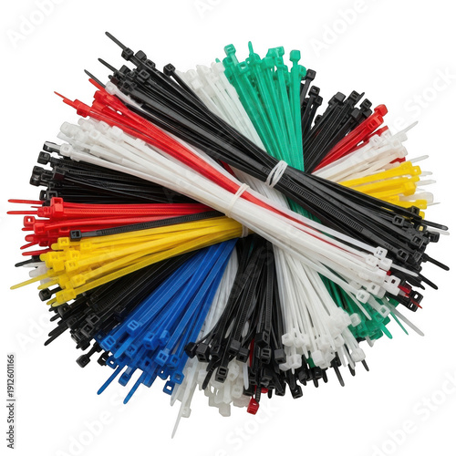 A bundle of assorted colored cable ties arranged in a circular pattern on a white background.