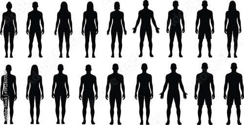 Silhouette collection of diverse men and women standing in front view, human body shapes, male and female figures for design.