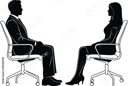 Black silhouette of a businessman and businesswoman sitting in office chairs having a job interview or professional meeting on white background (20 words)