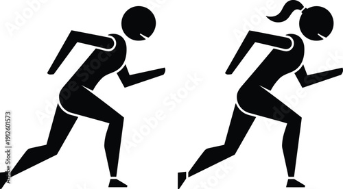 Black stick figure icons of a man and a woman running or jogging representing fitness health and active lifestyle on white background (20 words)