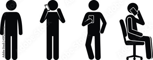 Set of black stick figure icons showing people using mobile phones for calling, texting, and sitting while talking, white background (20 words)