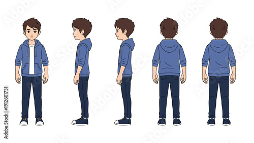 Character design sheet of a young boy wearing a blue hoodie and jeans from front, side, and back perspectives on white.