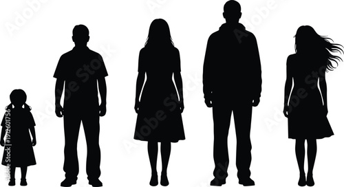 Black silhouettes of diverse casual people and a small child standing together in a row isolated on a white background (20 words)
