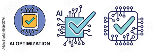 A collection of AI optimization icons featuring checkmarks on circuit board designs, symbolizing successful artificial intelligence processes and technological advancements.