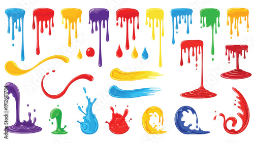 Vibrant set of colorful liquid paint drips, splashes, and brush strokes in a variety of bright hues for creative designs.