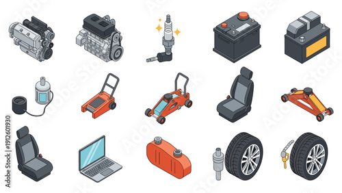 Collection of isometric car parts and automotive tools including engines, tires, batteries, and jacks for repair services.