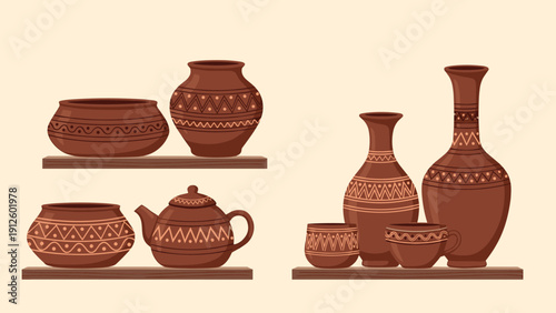 Traditional ceramic pottery including vases and teapots decorated with ethnic patterns displayed on wooden shelves against a light background.