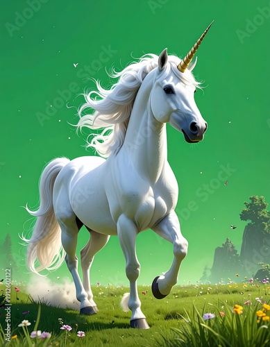 A white unicorn runs through a green field with flowers